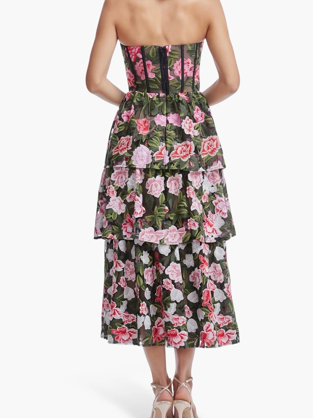 Dress the Population Strapless Floral Tiered Midi Dress in Green and Pink - Picture 2 of 7